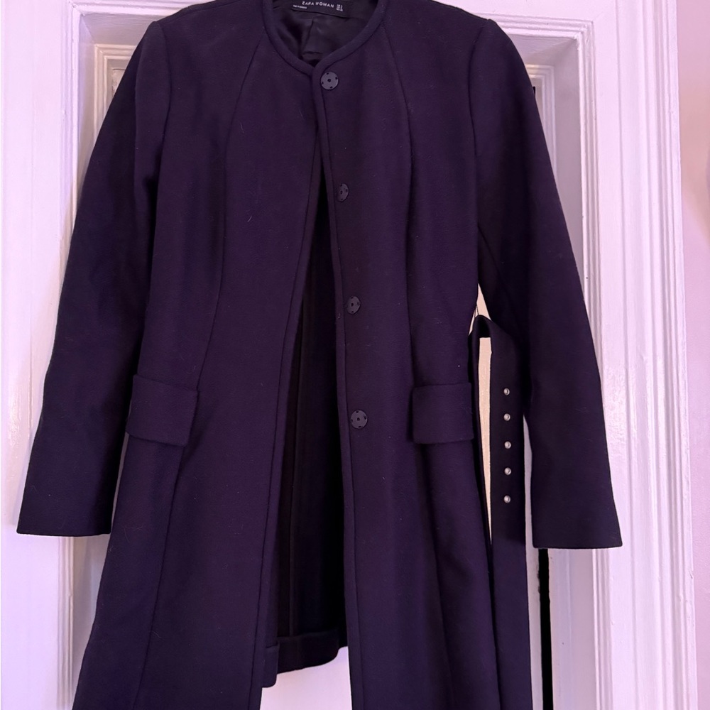 Zara Dark Black Belted Dress Coat